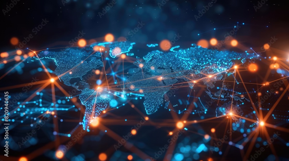 Fototapeta premium Hightech global trade visualization on world map, dynamic lines representing international logistics, vibrant and sleek design