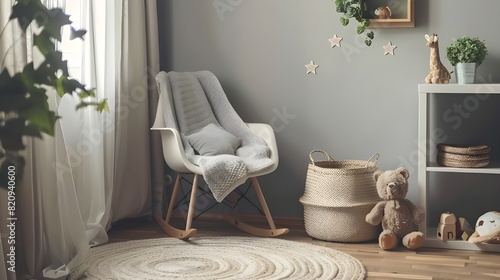  Stylish scandinavian newborn baby room with toys, children's chair, natural basket with teddy bear and small shelf. Modern interior with grey background walls, wooden parquet and stars