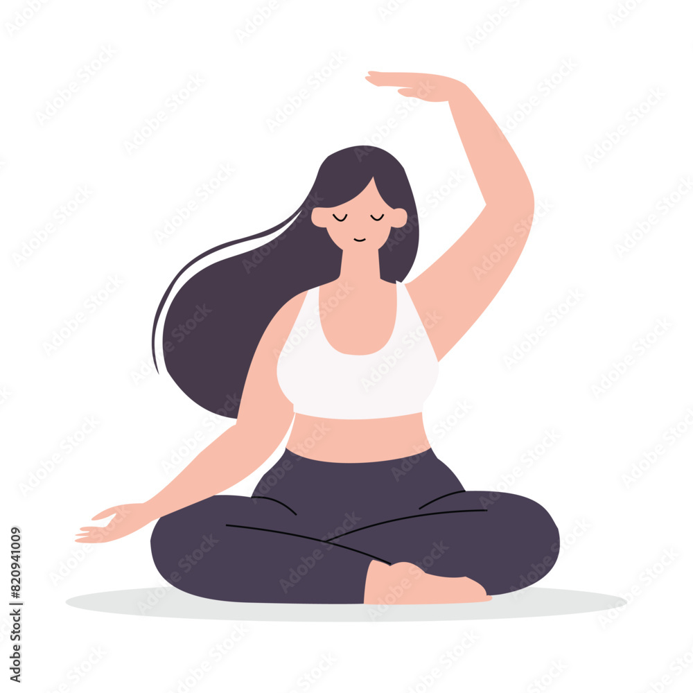 Girl yoga pose close eyes, minimalist hand drawn flat vector design illustration on white background
