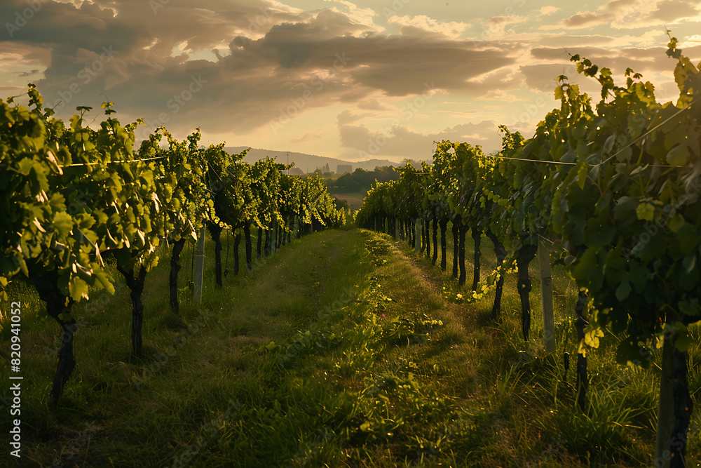 Naklejka premium Expansive vineyards filled with ripe grapes, showcasing the beauty and abundance of large plantations.