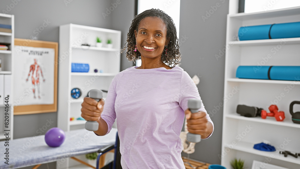 African american woman exercising with dumbbells in a physical therapy clinic. African american woman exercising with dumbbells in a physical therapy clinic.