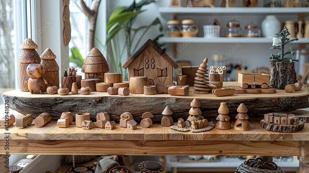 Assortment of handcrafted wooden toys on a table. Eco-friendly playtime and learning concept. Assortment of handcrafted wooden toys on a table. Eco-friendly playtime and learning concept.