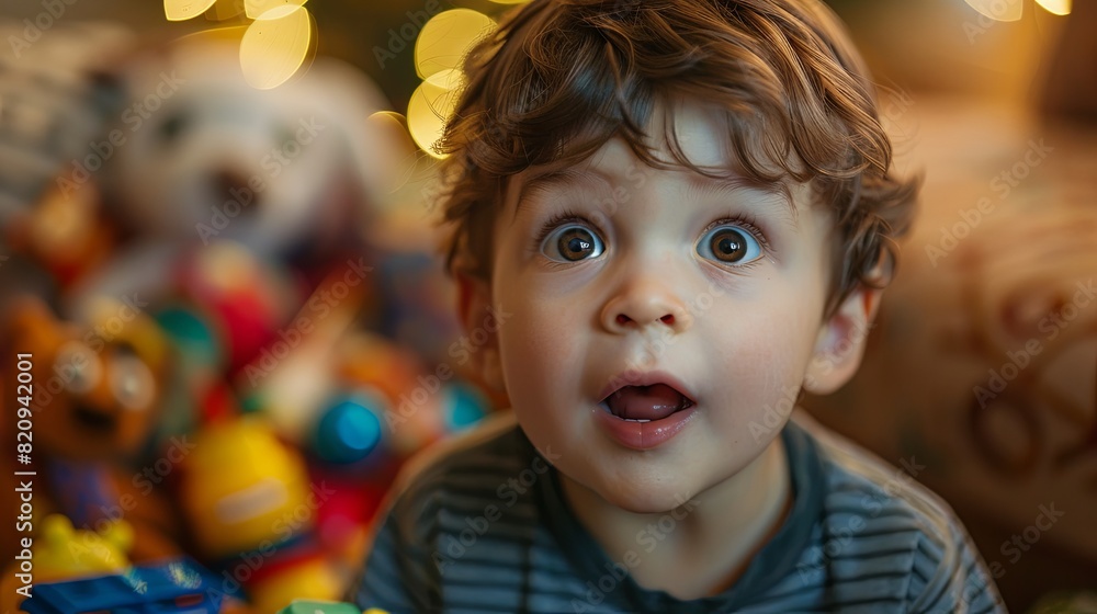 Enchanting glimpse: Child's beaming smile as they uncover new toys. Embracing innocence and joy. Enchanting glimpse: Child's beaming smile as they uncover new toys. Embracing innocence and joy.