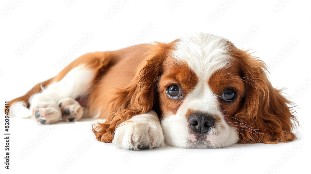 Front view of a cute brown Cavalier King Charles Spaniel puppy dog sitting lying down isolated on a white background created with Generative AI Technology