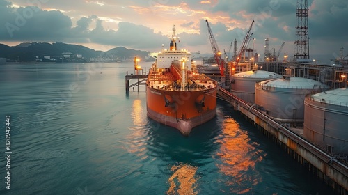 Docked ship at oil terminal large tanks scenic coastal background.