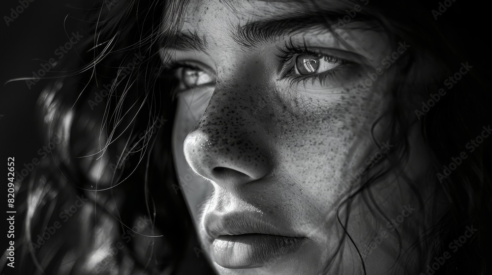 Detailed capture of hair strands, emphasizing texture and movement in a monochrome style