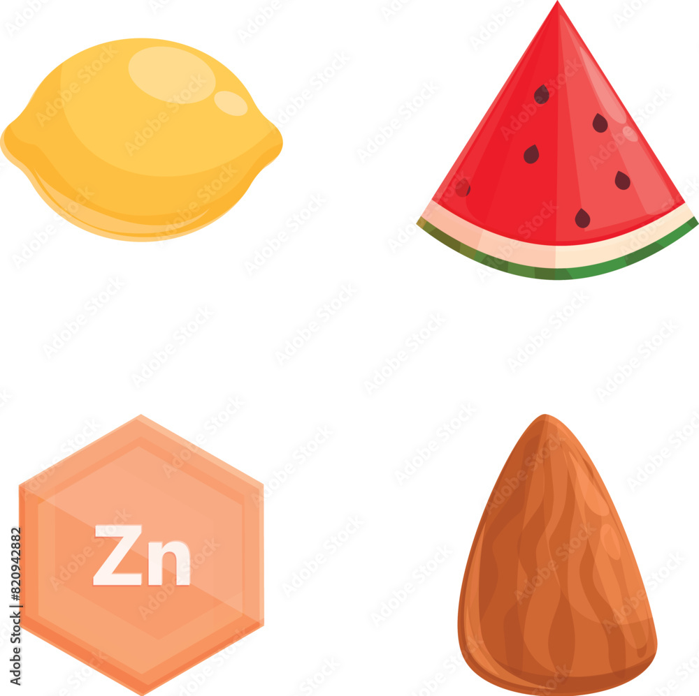 Zn mineral icons set cartoon vector. Food product with high content of zinc. Mineral food