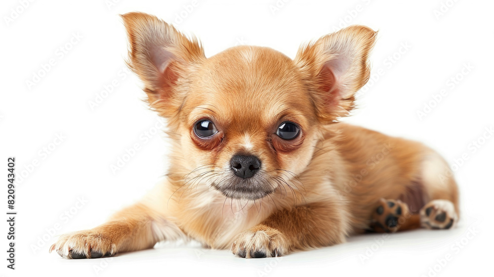 Front view of a cute brown brown Chihuahua puppy dog sitting lying down isolated on a white background