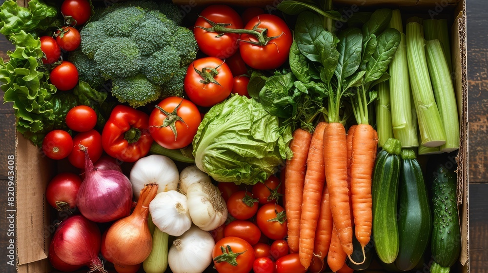 Top-down image of a box filled with a variety of fresh organic vegetables, symbolizing health and nutrition