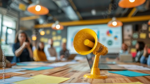 A yellow megaphone placed on a wooden table surrounded by papers and sticky notes in a creative brainstorming session with blurred team members in the background