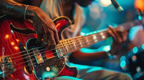 A musician's hands are seen playing a bass guitar, with vibrant stage lighting illuminating the scene