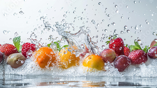 Pouring of water on ripe fruits against white background