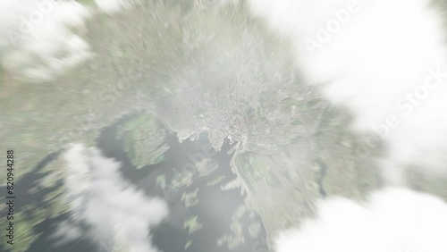 Earth zoom in from space to Oslo, Norway. Followed by zoom out through clouds and atmosphere into space. Satellite view. Travel intro. Images from NASA