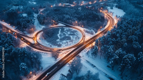 Blue hour scene of highway intersection with glowing car lights and snowy surroundings.