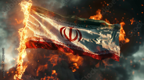 close up waving flag of Iran. flag symbols of Iran on fire  photo