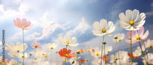 white yellow cosmos flowers in the sky, sunlight, and clouds, © tydeline