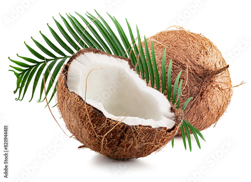 coconuts with palm leaf isolated on a white background. Clipping path