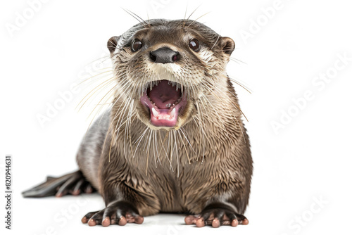 An otter with its mouth open, appearing to giggle, isolated on a white background