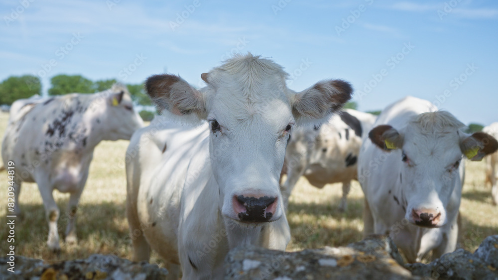 Curious cows standing outdoors in a sunny field, with bright blue skies and green trees in the background, staring intently into the camera, capturing a serene rural atmosphere. Curious cows standing outdoors in a sunny field, with bright blue skies and green trees in the background, staring intently into the camera, capturing a serene rural atmosphere.