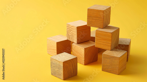 Wooden cubes on yellow background