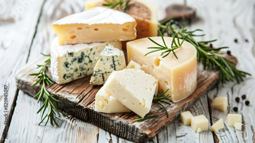 Different types of cheese with rosemary on wooden board