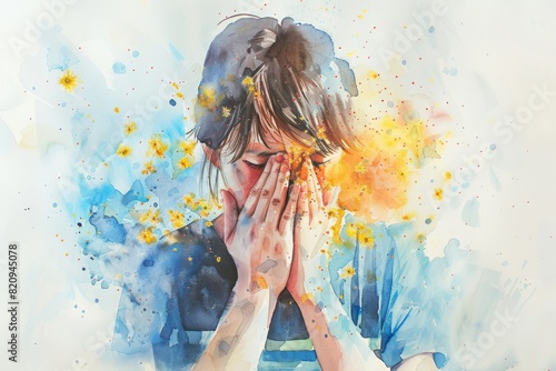 Person Experiencing Pollen Allergy Attack Depicted in Watercolor photo