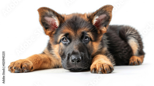 Front view of a cute German Shepherd puppy dog sitting lying down isolated on a white background