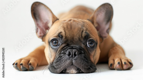 Front view of a cute French Bulldog puppy sitting lying down isolated on a white background