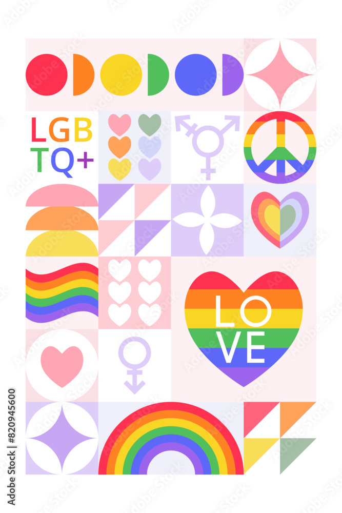 Creative concept for celebration. Template card or poster with typography for Pride Month. Simple abstract icons background. Stylized holiday LGBT symbols