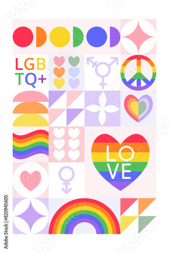 Creative concept for celebration. Template card or poster with typography for Pride Month. Simple abstract icons background. Stylized holiday LGBT symbols