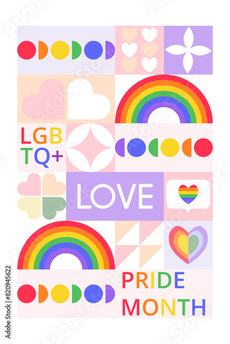 Template celebration card or poster of Pride Month. Trendy minimalist aesthetic with geometric holiday LGBT elements. Useful for banner, invitation, label, cover.