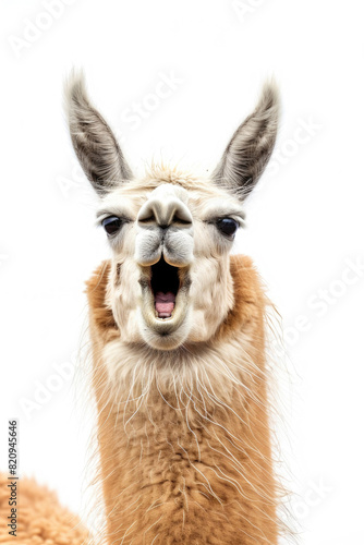 A llama with its mouth open, appearing to laugh, isolated on a white background