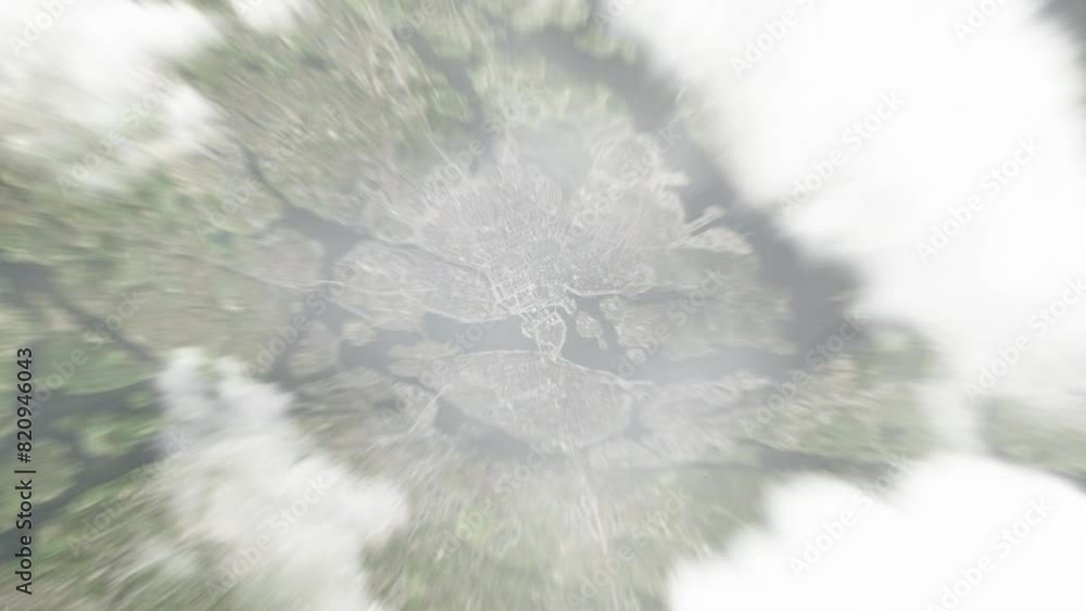 Earth zoom in from space to Stockholm, Sweden. Followed by zoom out through clouds and atmosphere into space. Satellite view. Travel intro. Images from NASA