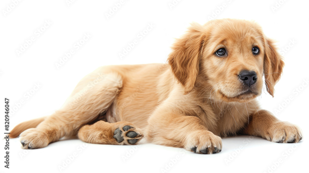 Front view of a cute golden Labrador Retriever puppy dog sitting lying down isolated on a white background created with Generative AI Technology  