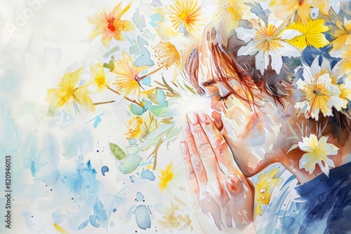 Springtime Pollen Allergy Sufferer Depicted in Watercolor Illustration photo
