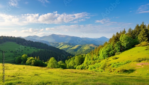 mountainous rural landscape on a sunny afternoon forested hills and green grassy meadows in evening light ridge in the distance sunny weather with fluffy clouds on the bright blue sky © Toby