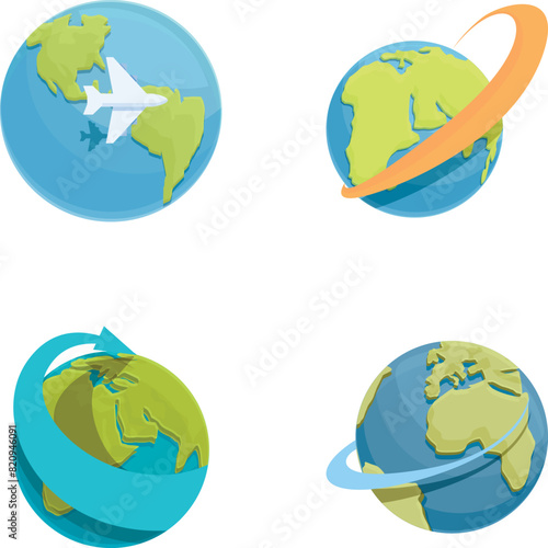 Worldwide icons set cartoon vector. Passenger plane flies around earth. Travel around world