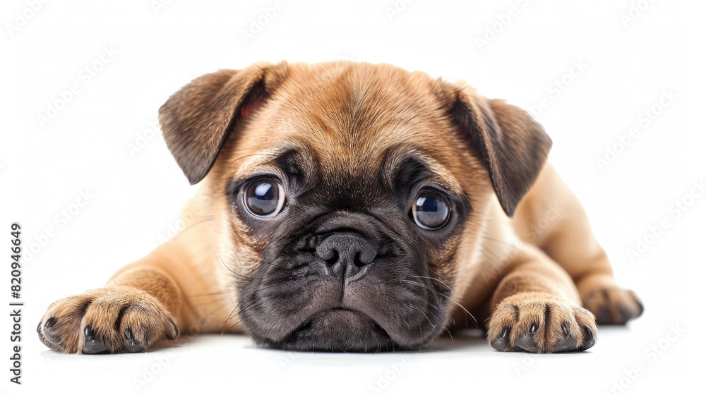 Front view of a cute brown Pug puppy dog sitting lying down isolated on a white background