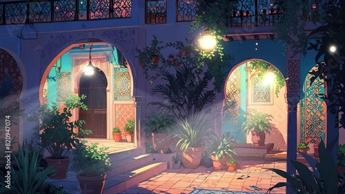 4k looping video of an Arabic-style house terrace interior at night. photo