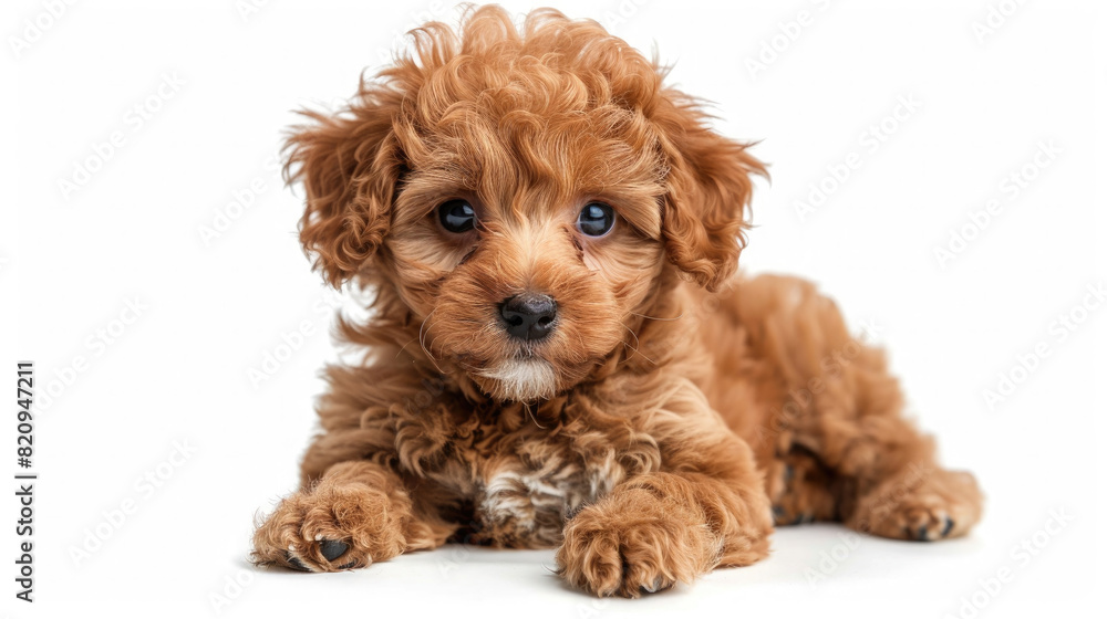 Front view of a cute light brown poodle puppy sitting lying down isolated on a white background Front view of a cute light brown poodle puppy sitting lying down isolated on a white background