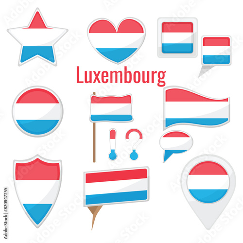 Various Luxembourg flags set on pole, table flag, mark, star badge and different shapes badges. Patriotic luxembourgian sticker photo