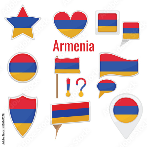 Various Armenia flags set on pole, table flag, mark, star badge and different shapes badges. Patriotic armenian sticker