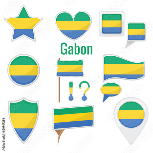 Various Gabon flags set on pole, table flag, mark, star badge and different shapes badges. Patriotic gabonian sticker photo