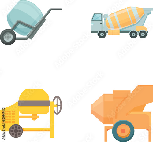 Concrete mixer icons set cartoon vector. Machinery for cement pouring. Construction machinery