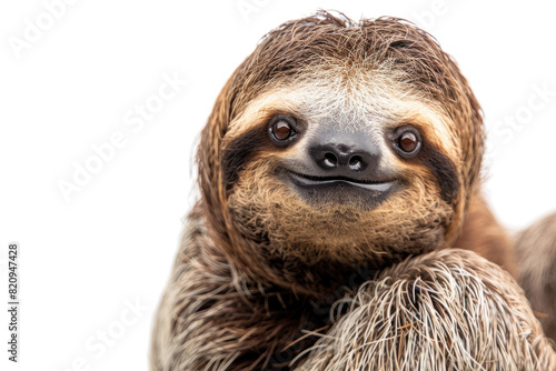 A sloth with a gentle smile, looking content, isolated on a white background © Venka