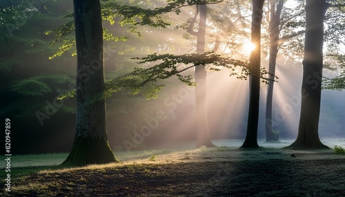 the sun is shining through forest of beech and oak trees with morning mist