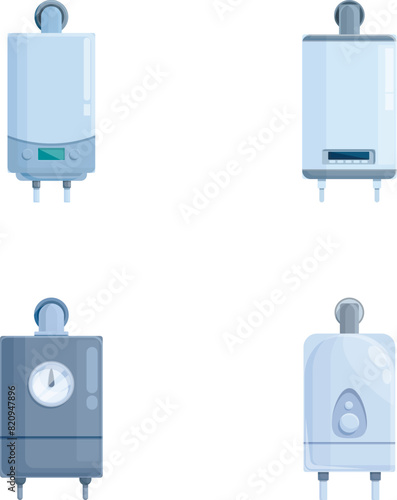 Gas boiler icons set cartoon vector. Gas boiler and electric water heater. Home equipment