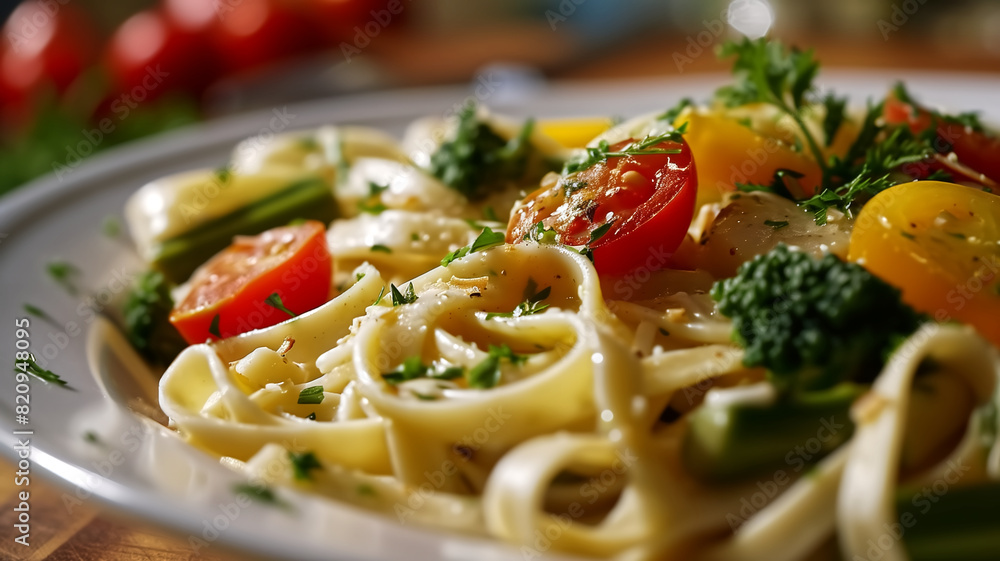Close-up of fettuccine pasta with cherry tomatoes, broccoli, and parsley. Studio food photograph with natural lighting. Italian cuisine and culinary presentation concept. Design for poster, banner Close-up of fettuccine pasta with cherry tomatoes, broccoli, and parsley. Studio food photograph with natural lighting. Italian cuisine and culinary presentation concept. Design for poster, banner