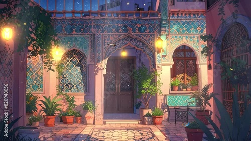 Nighttime interior of an Arabic-style house terrace in a 4k loop video.






 photo
