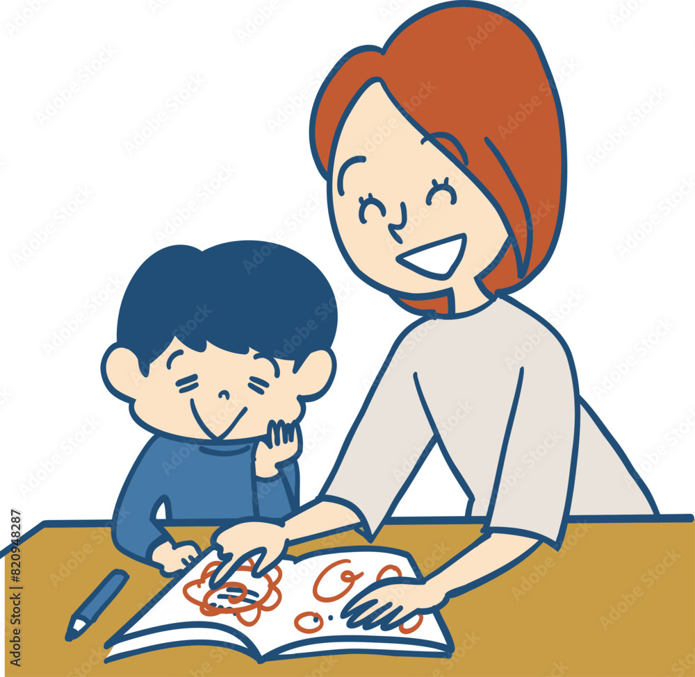 自宅で子供に勉強について褒めて喜ぶお母さん